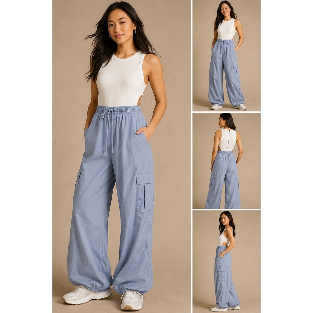 Daily Practice by Anthropologie Women Blue White Cargo Parachute Jumpsuit Size M
